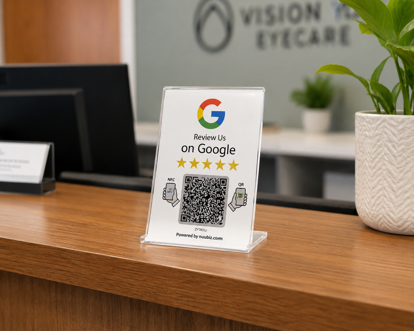 Local Advantage NFC and QR review stand on a front desk