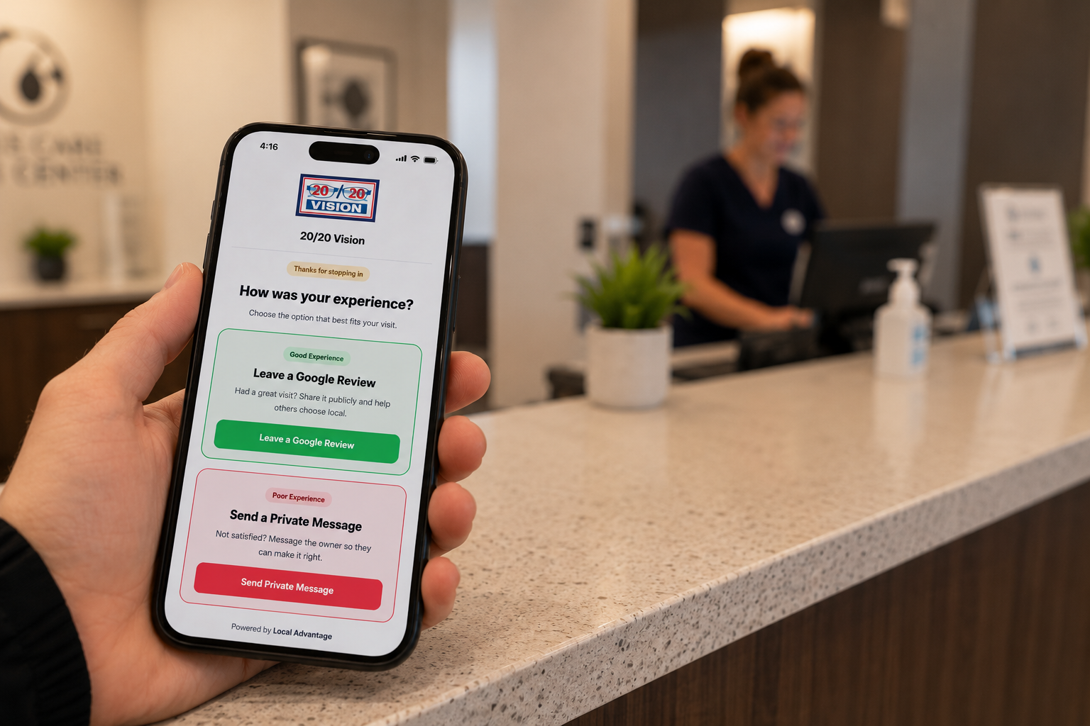 Local Advantage customer feedback page displayed on a phone